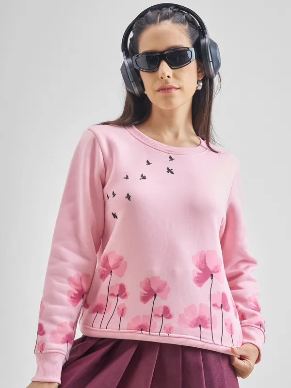 Tokyo Talkies Women Pink Printed Pullover Round Neck Sweatshirt