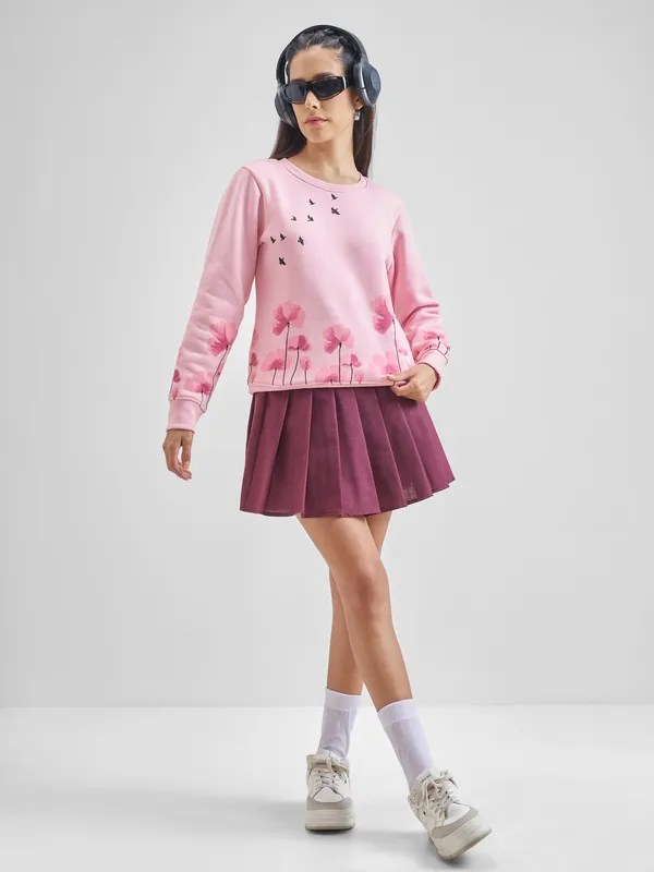 Tokyo Talkies Women Pink Printed Pullover Round Neck Sweatshirt