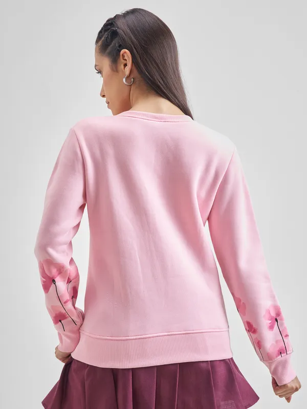 Tokyo Talkies Women Pink Printed Pullover Round Neck Sweatshirt