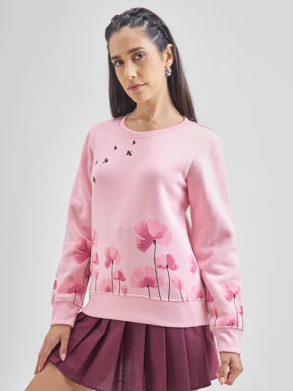 Tokyo Talkies Women Pink Printed Pullover Round Neck Sweatshirt