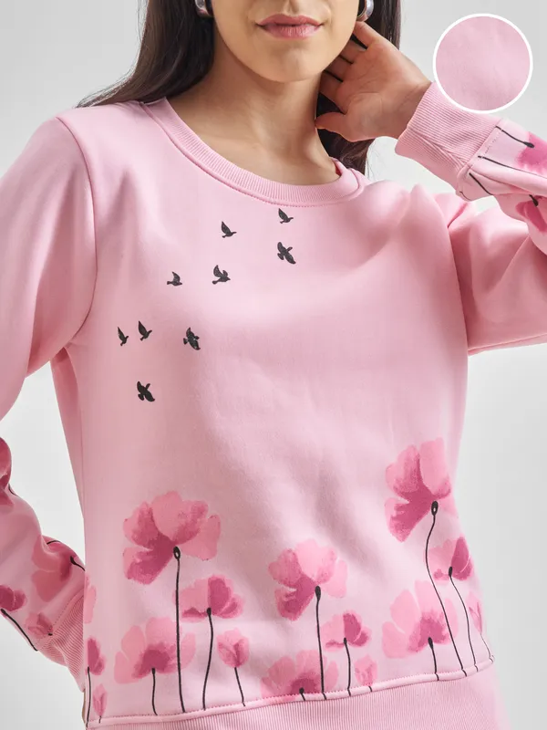 Tokyo Talkies Women Pink Printed Pullover Round Neck Sweatshirt