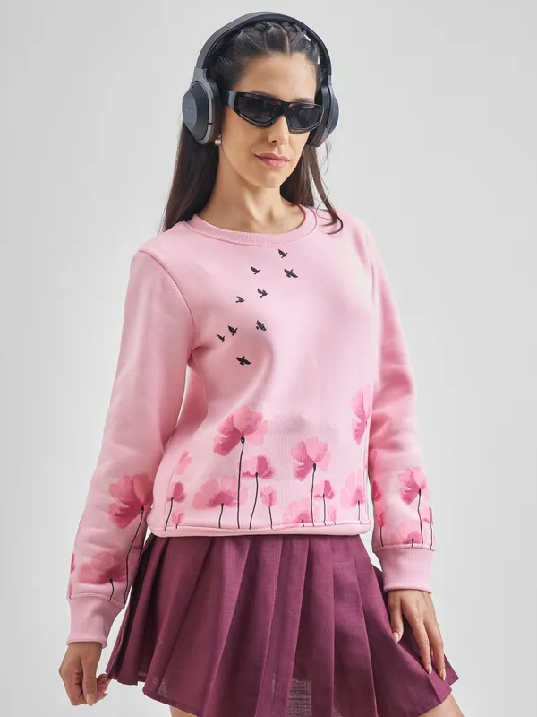 Tokyo Talkies Women Pink Printed Pullover Round Neck Sweatshirt