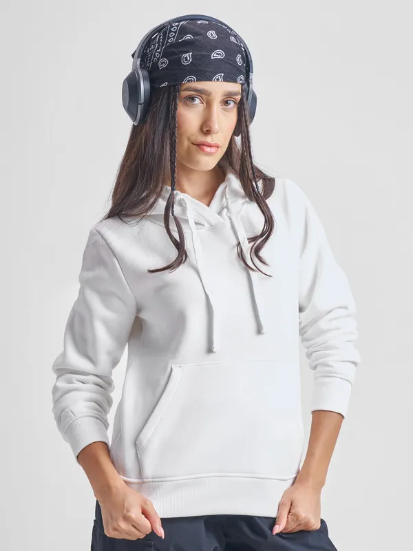 Tokyo Talkies Women White Solid Pullover Hood Sweatshirt