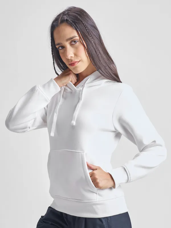 Tokyo Talkies Women White Solid Pullover Hood Sweatshirt