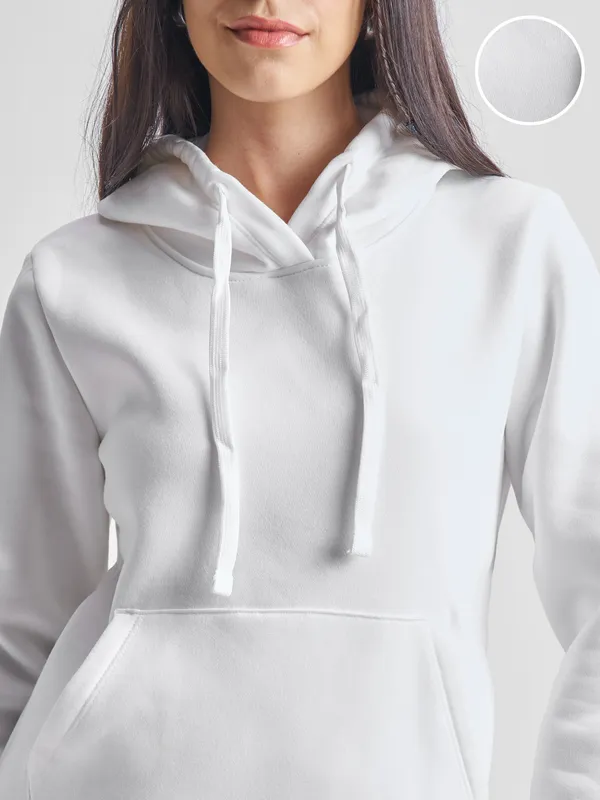 Tokyo Talkies Women White Solid Pullover Hood Sweatshirt