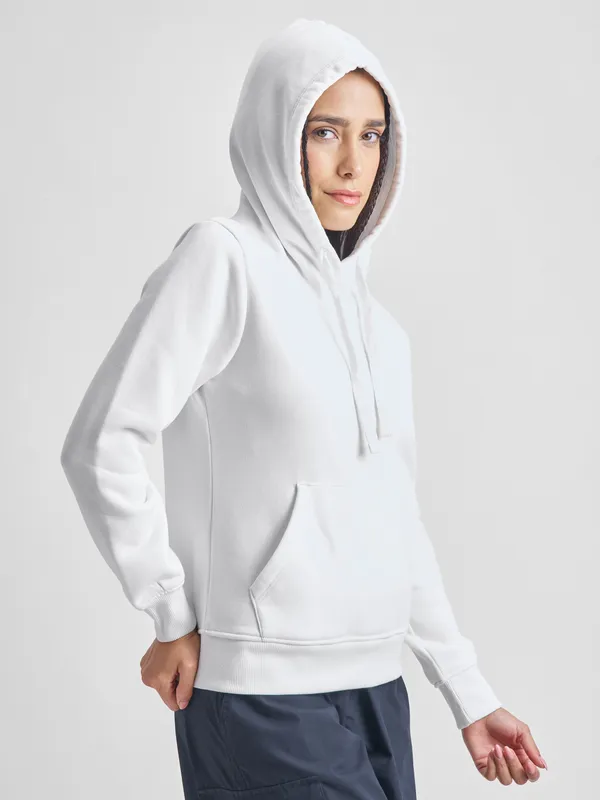 Tokyo Talkies Women White Solid Pullover Hood Sweatshirt