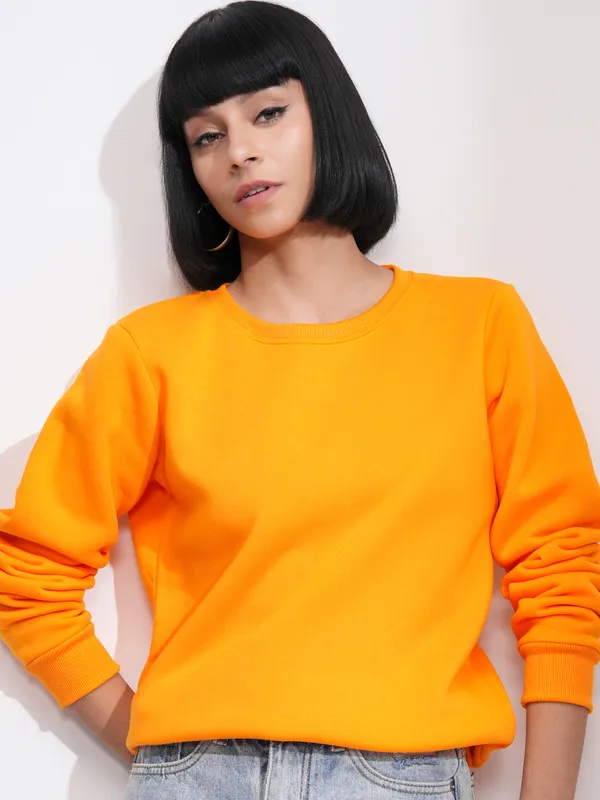  Tokyo Talkies Women Orange Solid Pullover Round Neck Sweatshirts