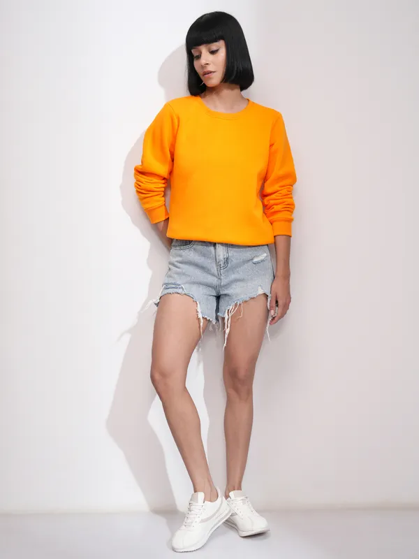  Tokyo Talkies Women Orange Solid Pullover Round Neck Sweatshirts