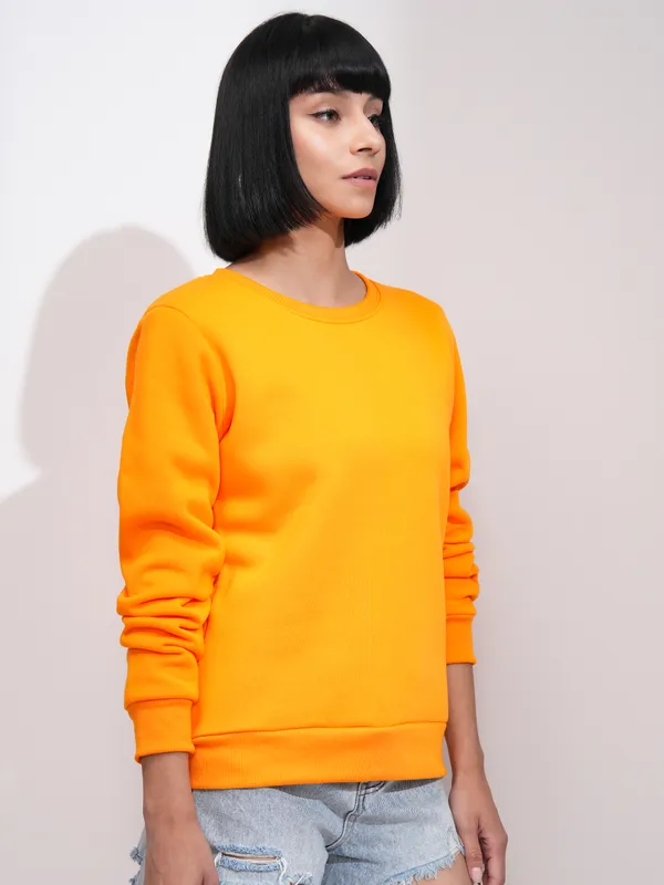  Tokyo Talkies Women Orange Solid Pullover Round Neck Sweatshirts