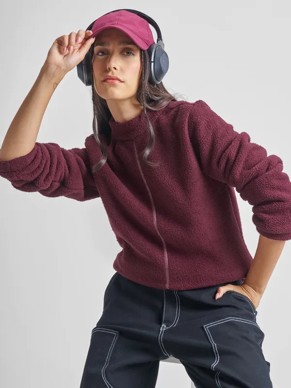 Tokyo Talkies Women Maroon Solid Pullover High Neck Sweatshirt