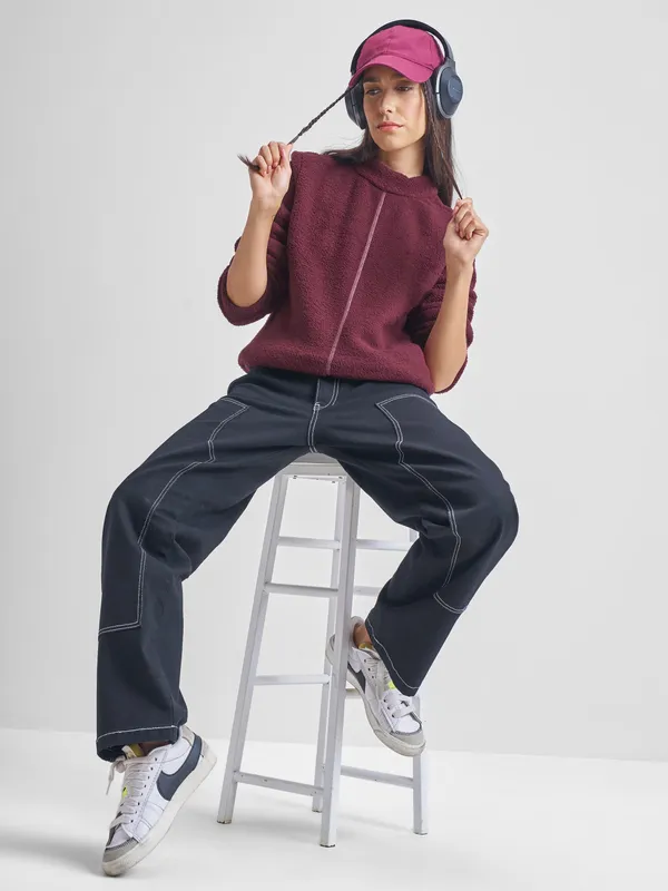 Tokyo Talkies Women Maroon Solid Pullover High Neck Sweatshirt