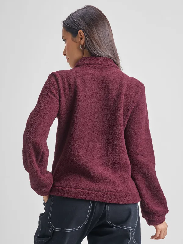 Tokyo Talkies Women Maroon Solid Pullover High Neck Sweatshirt