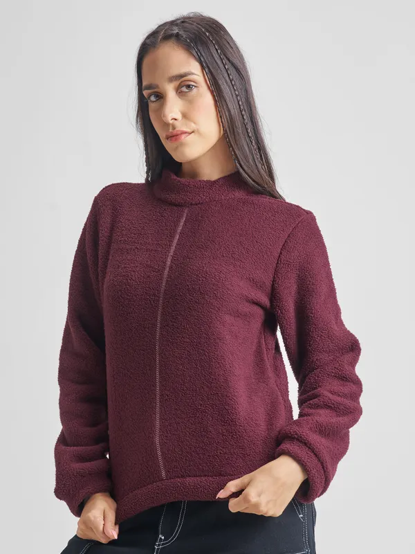 Tokyo Talkies Women Maroon Solid Pullover High Neck Sweatshirt