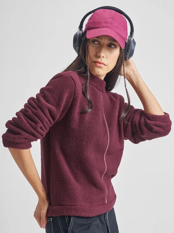 Tokyo Talkies Women Maroon Solid Pullover High Neck Sweatshirt
