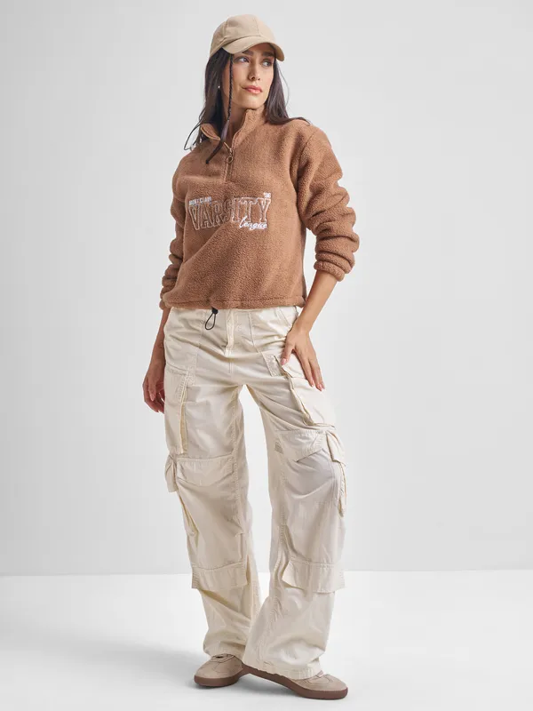 Tokyo Talkies Women Brown Printed Pullover High Neck Sweatshirt