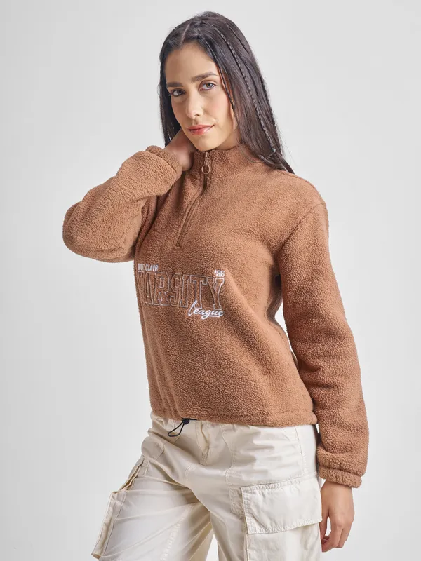 Tokyo Talkies Women Brown Printed Pullover High Neck Sweatshirt