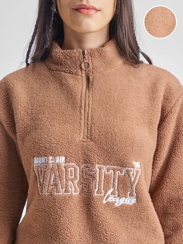 Tokyo Talkies Women Brown Printed Pullover High Neck Sweatshirt