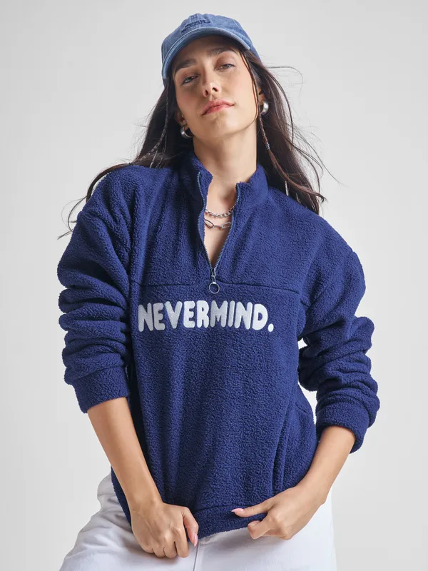 Tokyo Talkies Women Navy Blue Printed Pullover High Neck Sweatshirt