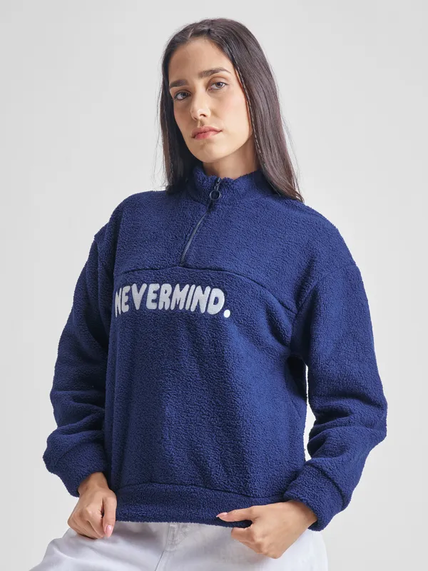 Tokyo Talkies Women Navy Blue Printed Pullover High Neck Sweatshirt
