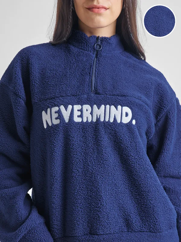 Tokyo Talkies Women Navy Blue Printed Pullover High Neck Sweatshirt