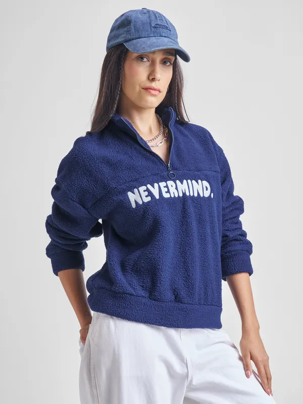 Tokyo Talkies Women Navy Blue Printed Pullover High Neck Sweatshirt