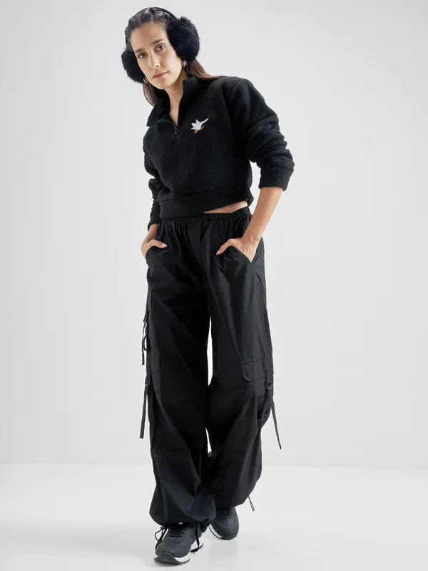 Tokyo Talkies Women Black Solid Pullover Mock Collar Sweatshirt