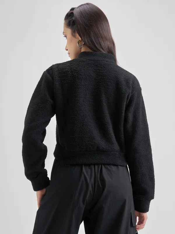 Tokyo Talkies Women Black Solid Pullover Mock Collar Sweatshirt