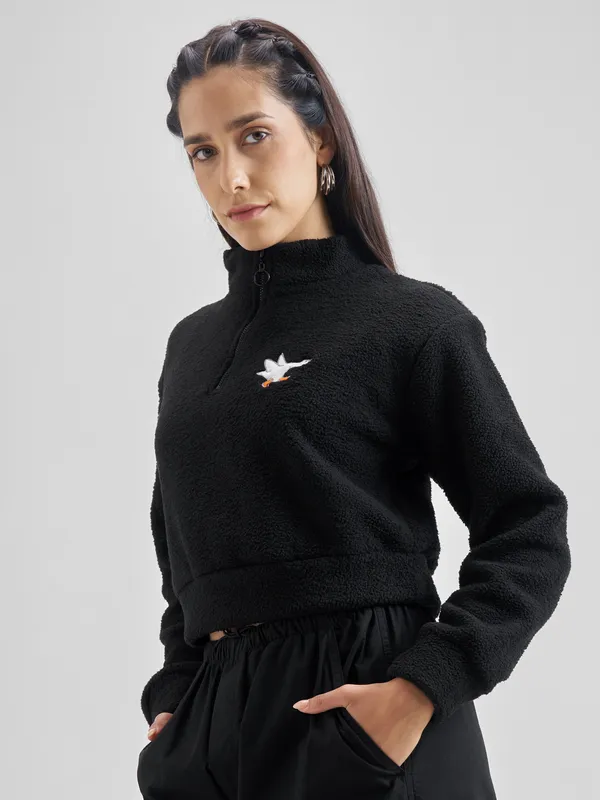 Tokyo Talkies Women Black Solid Pullover Mock Collar Sweatshirt