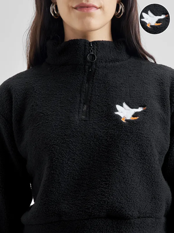 Tokyo Talkies Women Black Solid Pullover Mock Collar Sweatshirt