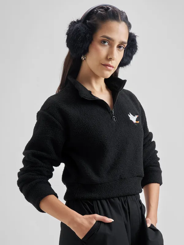 Tokyo Talkies Women Black Solid Pullover Mock Collar Sweatshirt