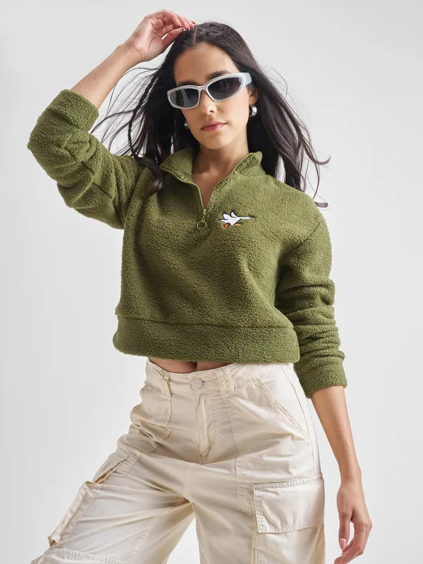 Tokyo Talkies Women Olive Solid Pullover Mock Collar Sweatshirt