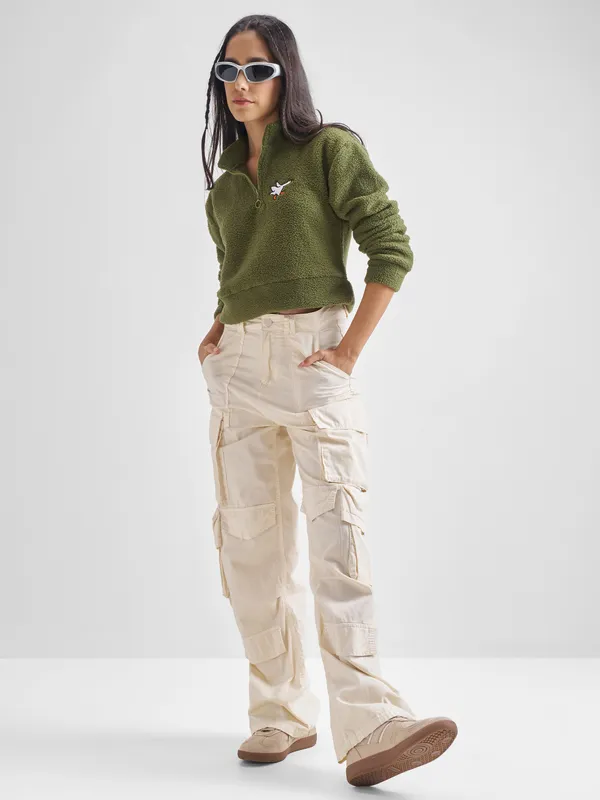 Tokyo Talkies Women Olive Solid Pullover Mock Collar Sweatshirt