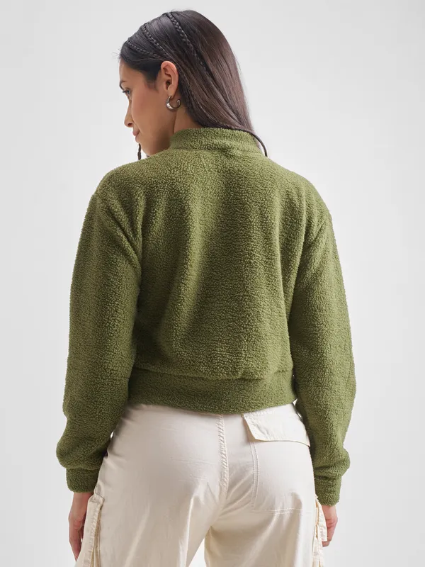 Tokyo Talkies Women Olive Solid Pullover Mock Collar Sweatshirt