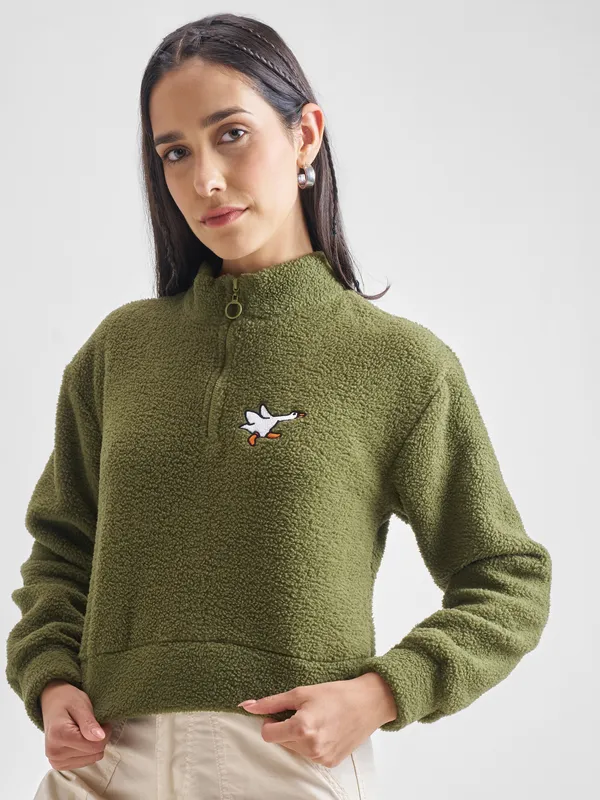 Tokyo Talkies Women Olive Solid Pullover Mock Collar Sweatshirt