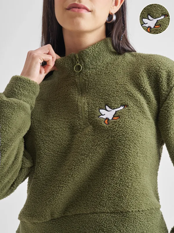 Tokyo Talkies Women Olive Solid Pullover Mock Collar Sweatshirt