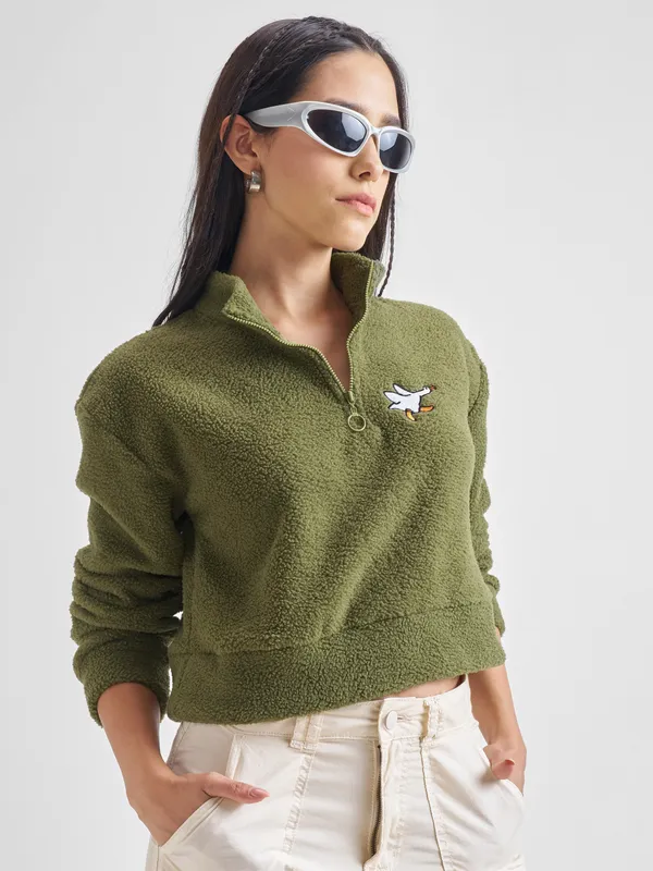 Tokyo Talkies Women Olive Solid Pullover Mock Collar Sweatshirt