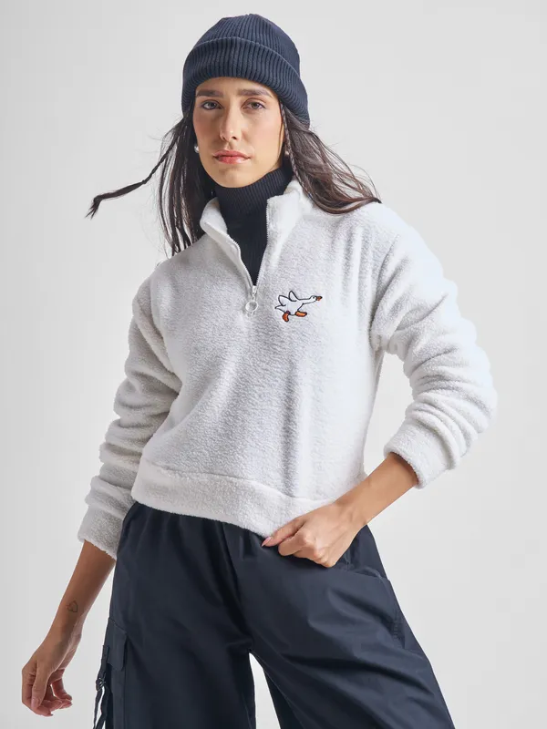 Tokyo Talkies Women White Solid Pullover Mock Collar Sweatshirt