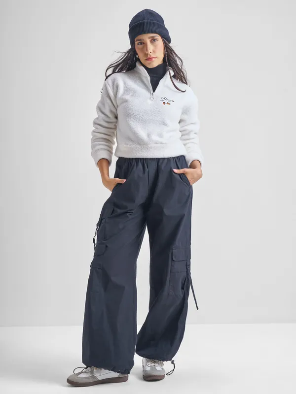 Tokyo Talkies Women White Solid Pullover Mock Collar Sweatshirt