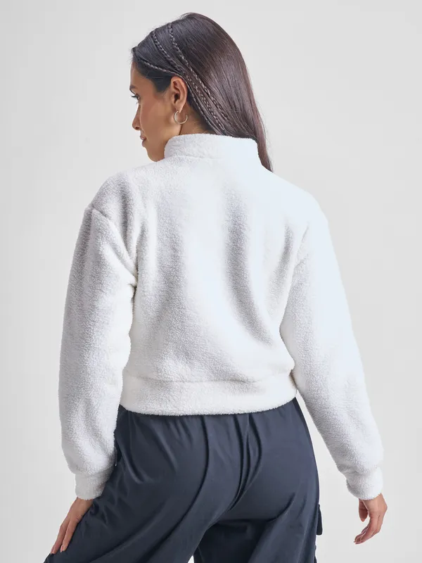 Tokyo Talkies Women White Solid Pullover Mock Collar Sweatshirt