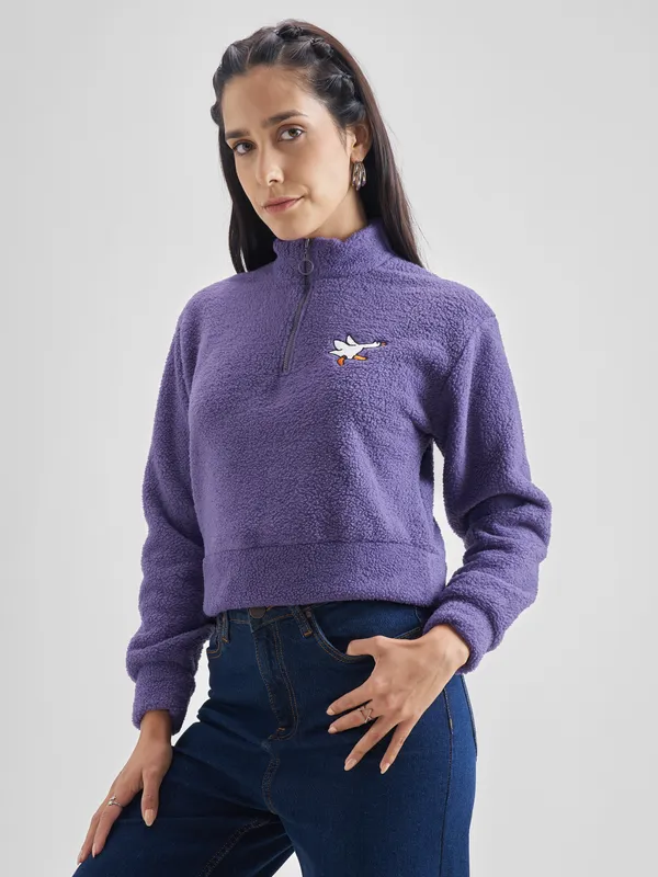 Tokyo Talkies Women Purple Solid Pullover Mock Collar Sweatshirt