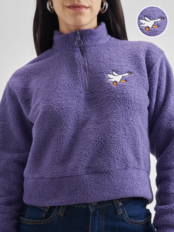 Tokyo Talkies Women Purple Solid Pullover Mock Collar Sweatshirt