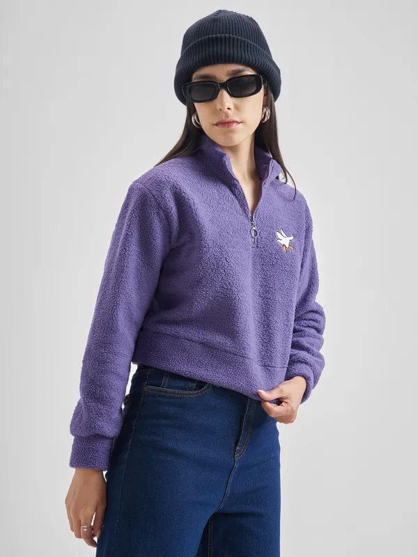 Tokyo Talkies Women Purple Solid Pullover Mock Collar Sweatshirt