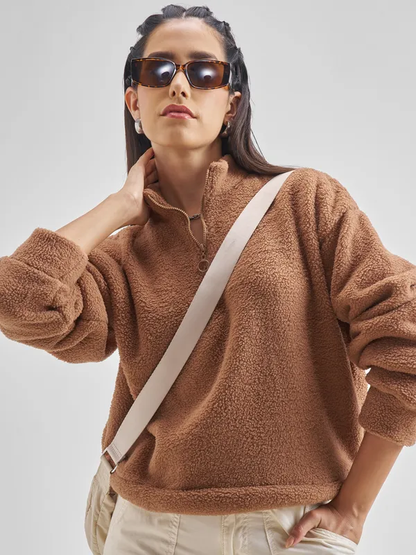 Tokyo Talkies Women Brown Solid Pullover High Neck Sweatshirt