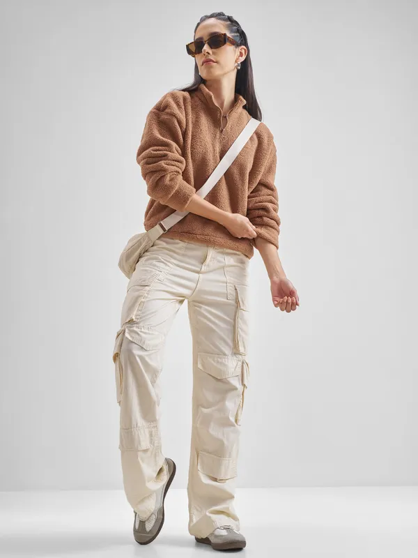 Tokyo Talkies Women Brown Solid Pullover High Neck Sweatshirt