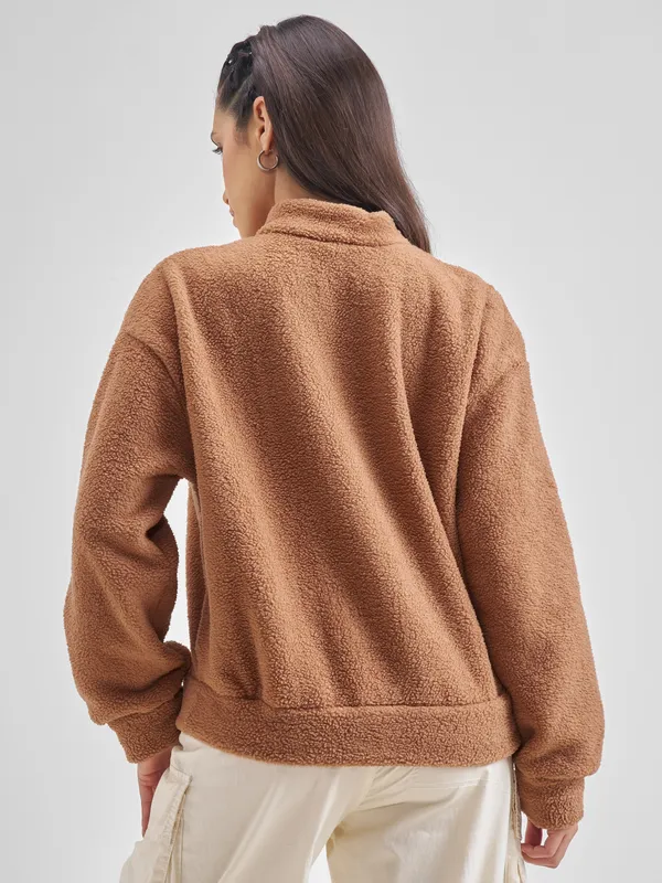 Tokyo Talkies Women Brown Solid Pullover High Neck Sweatshirt