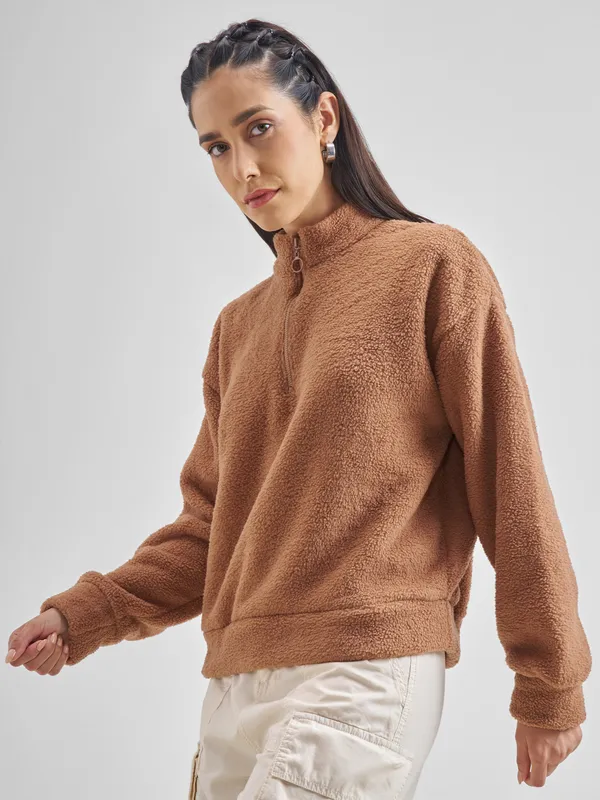 Tokyo Talkies Women Brown Solid Pullover High Neck Sweatshirt
