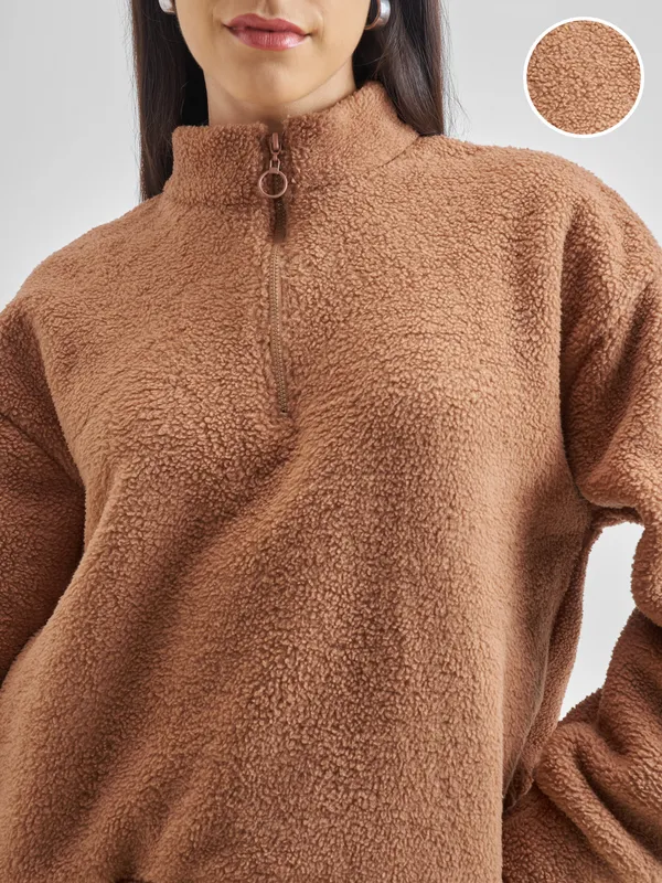 Tokyo Talkies Women Brown Solid Pullover High Neck Sweatshirt