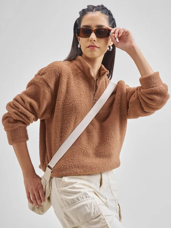 Tokyo Talkies Women Brown Solid Pullover High Neck Sweatshirt