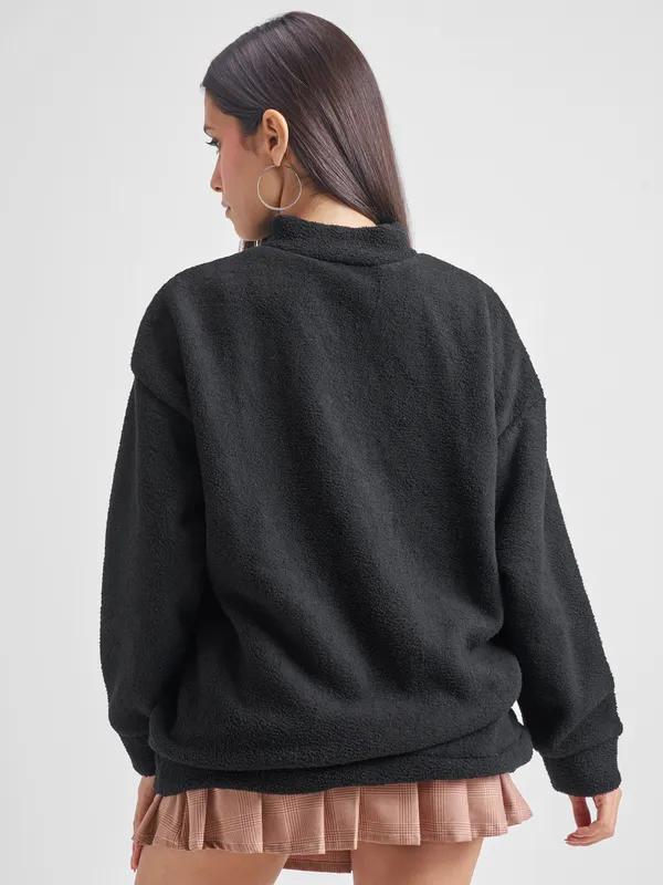 Tokyo Talkies Women Black Solid Pullover High Neck Sweatshirt