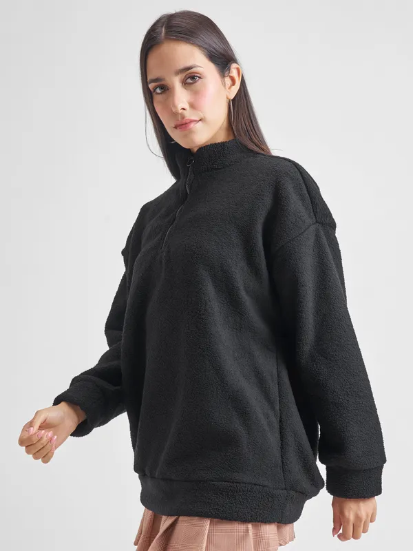 Tokyo Talkies Women Black Solid Pullover High Neck Sweatshirt
